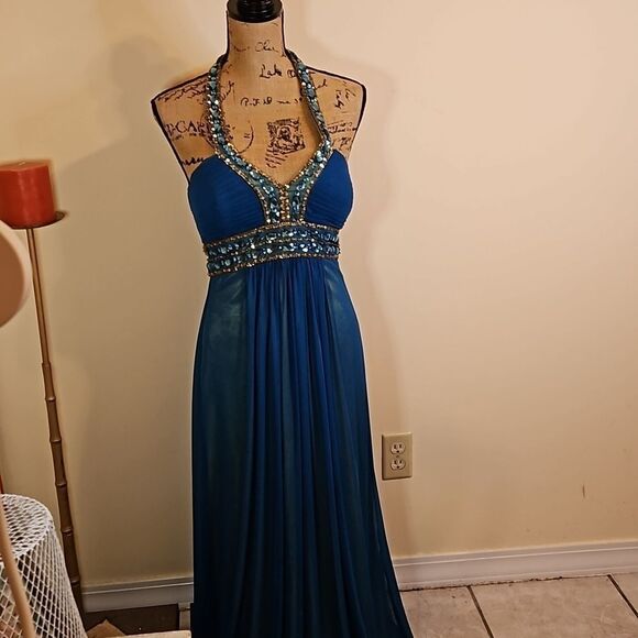 Cache Teal and lime bejeweled halter maxi gown size 4 - Picture 4 of 13